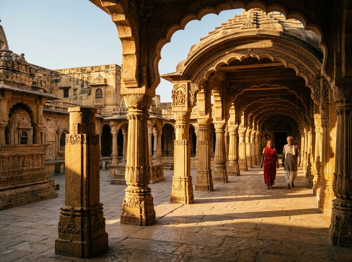 Intricate ancient Indian temple courtyard arches and carved pillars