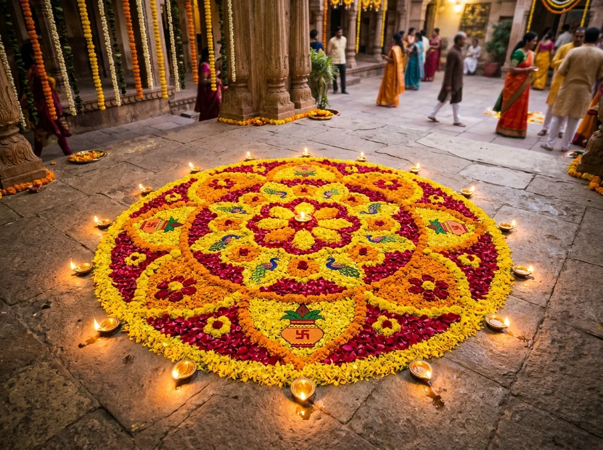 Auspicious Floral Rangoli & Brass Urlis