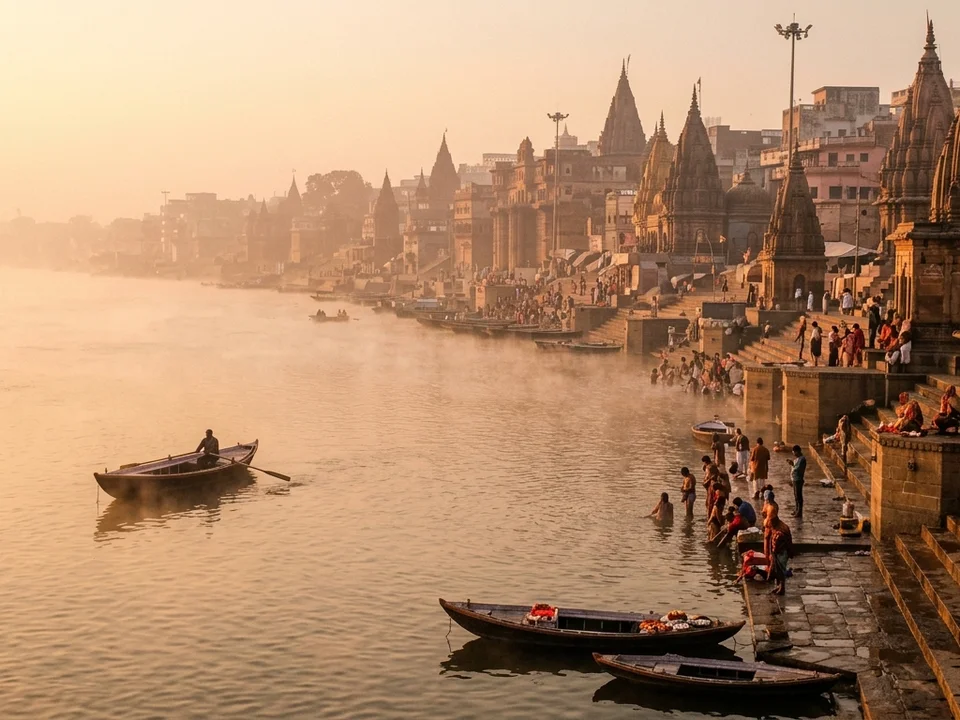 Historical temple ghat along the holy Gomti river at sunrise