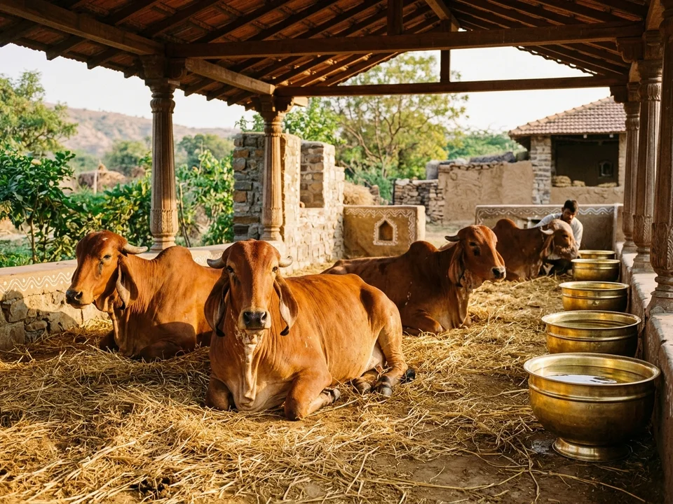 Calm indigenous Indian cow in open pasture during peaceful golden hour