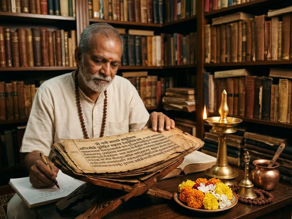 Carefully preserved ancient palm-leaf scriptures and manuscripts